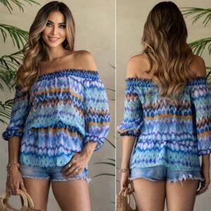 Vision USA Women's Off Shoulder Blouson Top Blouse with Cinched Waist in Blue